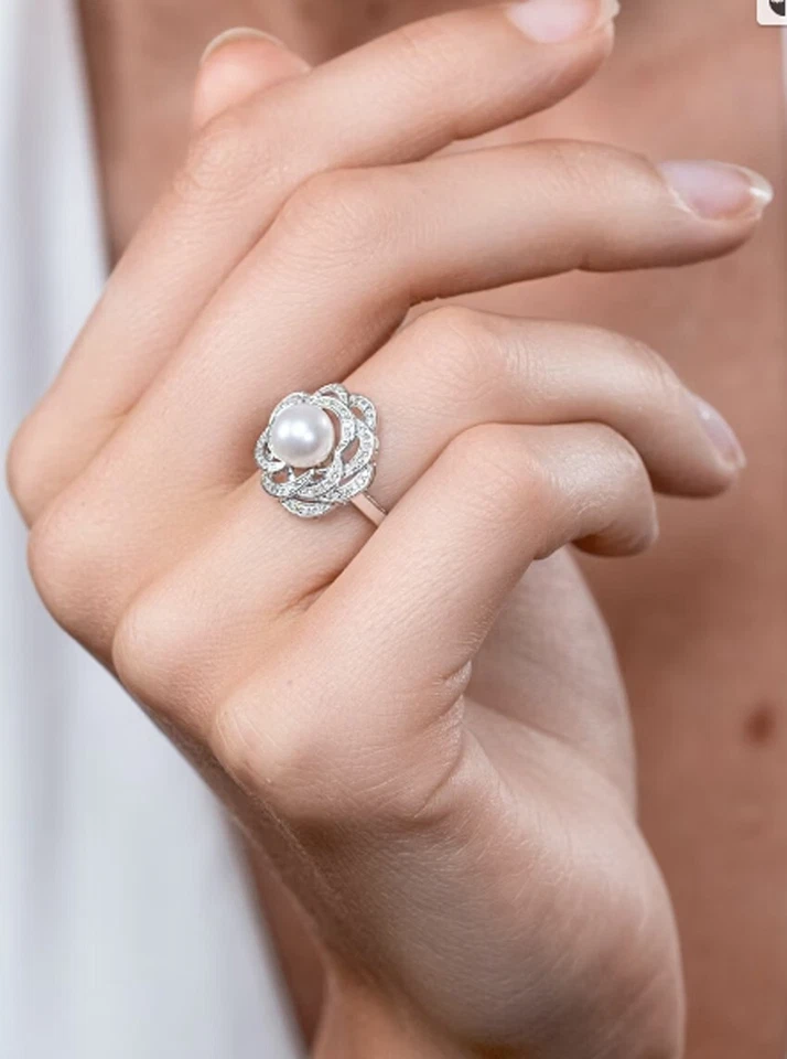 Bague Cocktail en Or Blanc 14K avec Diamant Naturel 1,30 ct et Perle d’Eau Douce - Photo 4/4