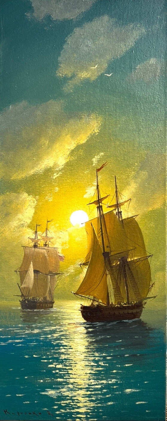 Sonne Segelschiff See Meer Ölgemälde Handarbeit Bild Gemälde Unikat