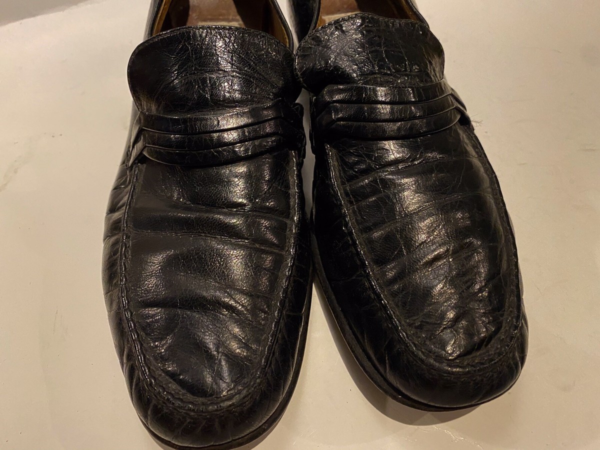 MORESCHI vintage Black Leather Loafer Shoes Made in Italy‎ - EXCELLENT-  Size 9 Moreschi Italy Loafers Black Genuine Ostrich Leather Slip On  main image 3