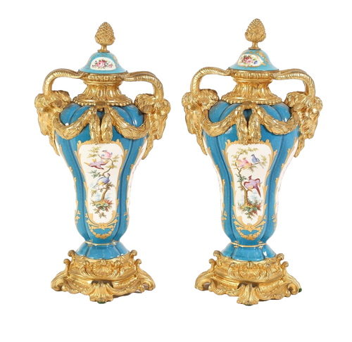 Pair Sevres Louis XV Style Bleu Celeste Porcelain and Ormolu Vases / Urns