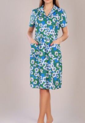 XXXL(60) Women's Robe Button Front House Midi Dress, Cotton, Blue