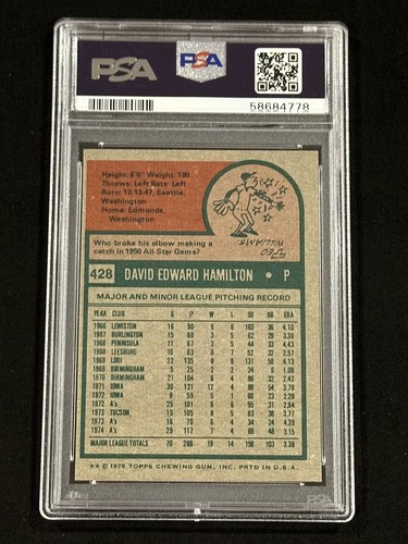 1975 TOPPS #428 DAVE HAMILTON PSA 8 OAKLAND A’s - Picture 2 of 2