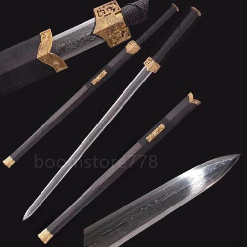 Handmade Chinese Sword Han Jian Damascus Folded Steel Blade Very Sharp Cut - Afbeelding 1 van 10