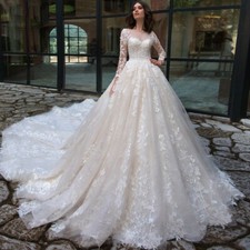 Ball Gown Wedding Dress, Lace High Neck Tulle Bridal Gown with Pearls and Sleeve