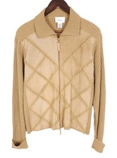 Vintage Parisian Works Size Large Leather Ribbed Knit Long Sleeve Zip-Up Top