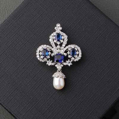 Estate Sapphire,Pearl & Diamond 14K White Gold Over Crown Brooch Pin For Unisex
