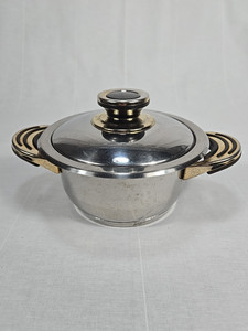 Vtg German Pan 7.5" & Lid 18/10  Stainless Steel Brass Bakelite Double Handled