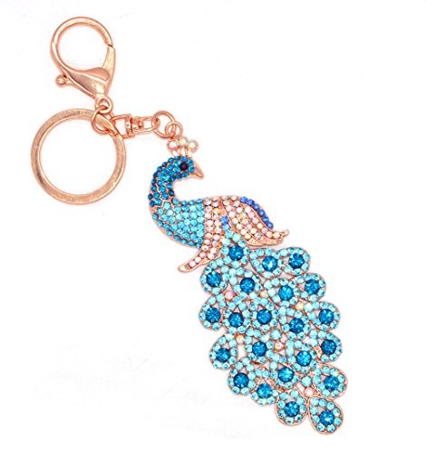 Porte-clés paon en strass brillants et alliage doré pour sac