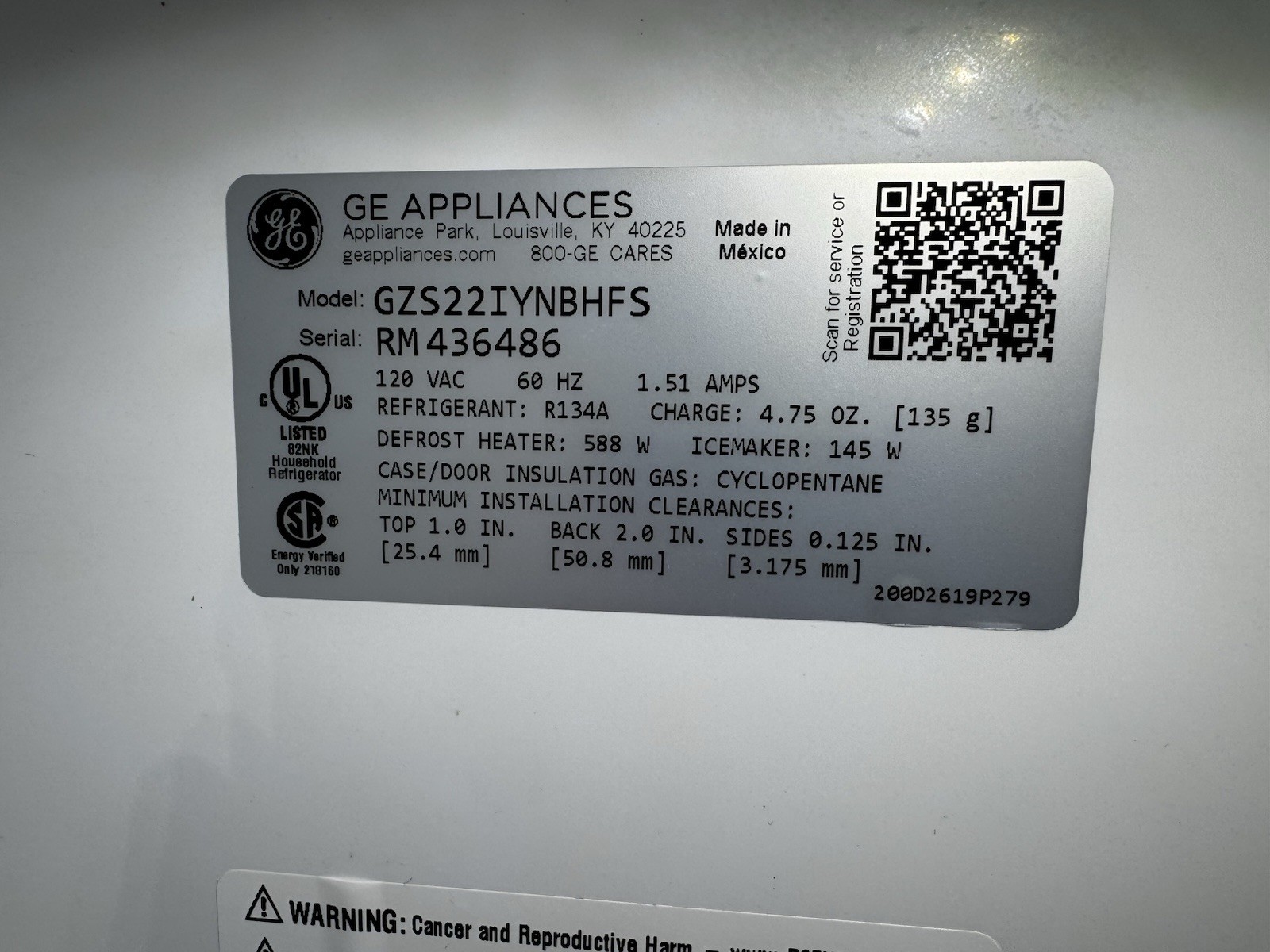 GE GZS22IYNFS 36" Stainless 21.8 Cu.Ft. CD Side By Side Refrigerator NOB 15