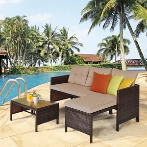 3 PCS Outdoor Rattan Furniture Sofa Set Lounge Chaise Cushioned Patio Garden
