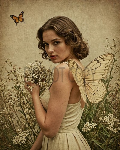 Vintage Butterfly Woman Wildflowers Fairy Wings Whimsical Fantasy Art Print
