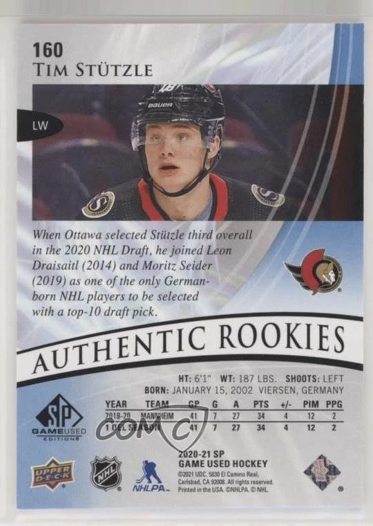 2020 SP Game Used Authentic Rookies Blue Burst /199 Tim Stutzle #160 Rookie RC - Image 2 of 2