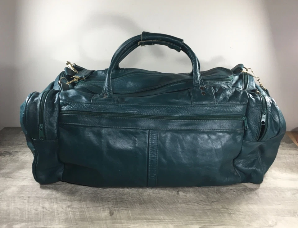 Bolsa de viagem para academia Weekender verde patchwork couro vintage Duffel Duffle - Imagem 3 de 4