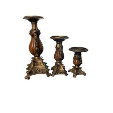 Decorative Candle Holders Set of 3 Wood Look Gold Tone Vintage Style