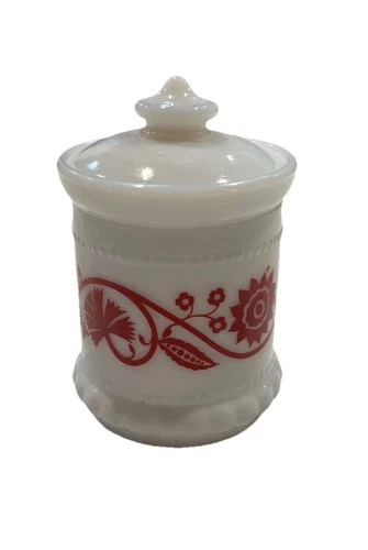 VTG Hazel Atlas Milk Glass Tiny Sweet Pea Mustard Spice Jar-Red Floral