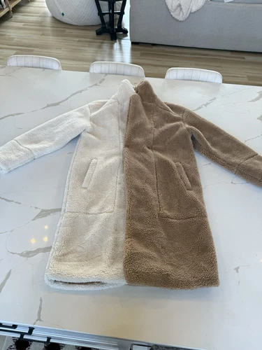 OFF WHITE BOOHOO + LUXE LONGLINE ECOPELLICCIA TRENCH COAT BIANCO BEIGE donna taglia small