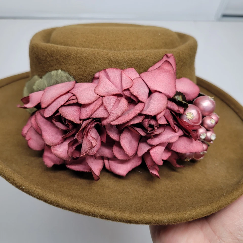 Винтажная шерстяная церковная шляпа 1950-х годов с коричневым розовым цветком ягодами для чаепития стильный котелок - Изображение 3 из 4