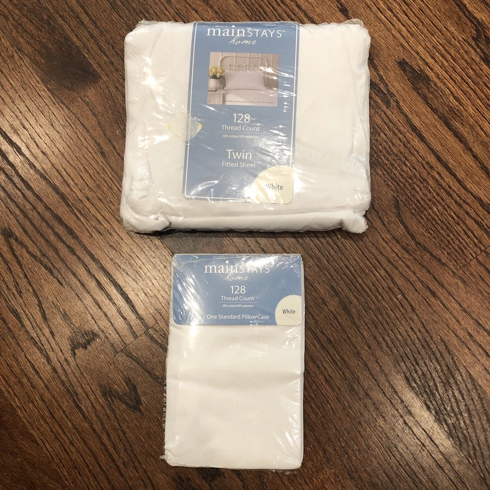 New MainStays Twin White Fitted Sheet & Standard Pillow Case 128 Thread Count  - Image 3 of 4