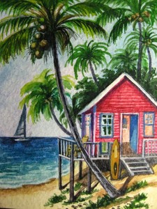 Watercolor-Painting-Ocean-House-Island-beach-Palm-Trees-Sailboat-ACEO-Art