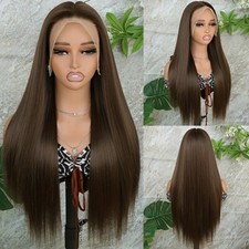 Brown Highlights Mixed Color Hair 13x6 Long Straight Lace Front Wigs Synthetic