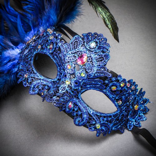 Luxury Traditional Women Venice Carnival Costume Feather Masquerade Mask Blue - Picture 8 of 8