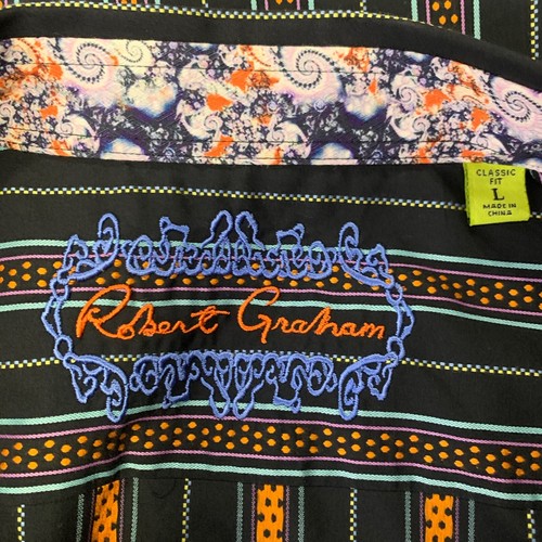 Robert Graham Black Stripe Classic Fit Embroidered Flip Cuff Dress Shirt Size L - Picture 9 of 13