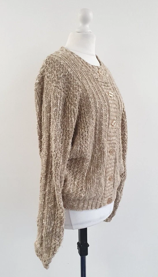 Cárdigan Orvis Talla Pequeña Pequeño Beige Marrón Blanco Cable Grueso Tejido Foto 2 de 4