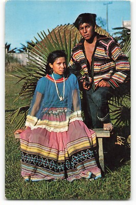 1961 A young Seminole Indian brave and his bride, Florida Postcard VTG ME4.