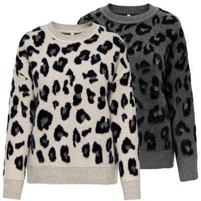 Only Damen Strickpullover Pullover Damenpullover Pulli Leoprint ONLSara Glitter