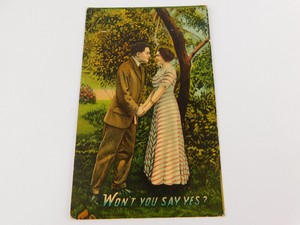 Antique-1912-Postcard-Won-039-t-You-Say-Yes-Marriage-Proposal-Man-Woman-Scene