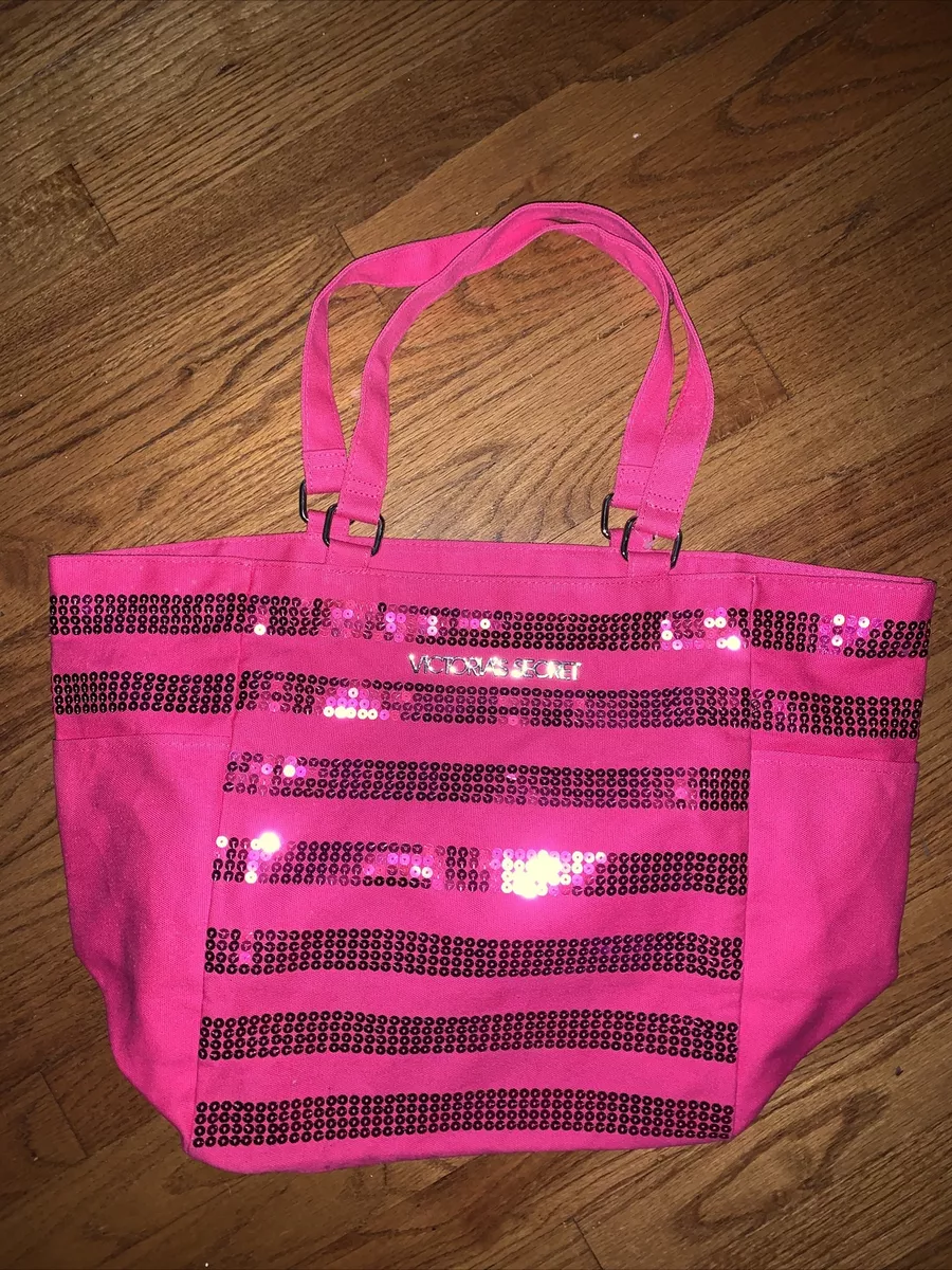 VICTORIAs SECRET BLING Canvas Sequin Hot Pink Duffle Tote Bag Carry On Gym  Beach