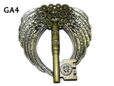 steampunk pin badge brooch silver angel wings bronze key locksmith cog gear #ga4