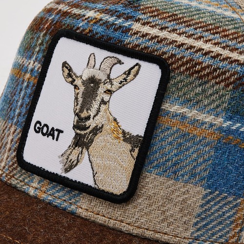 Goorin Animal Farm Trucker Baseball Snapback Hat Cap Moon Goat Tan Plaid Wool - Picture 4 of 4