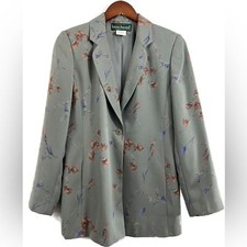 Harve Bernard Womens Floral Sage Green Blazer Jacket w/ Shoulder Pads Size 8P
