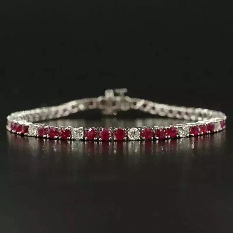 5ct Round Lab Ruby Tennis Bracelet 14K White Gold Plated 7in