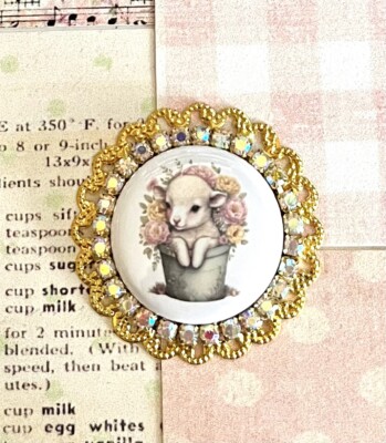 Little Lamb In Flower Pot Easter Rhinestone Brooch Pin Or Pendant Charm #pb16