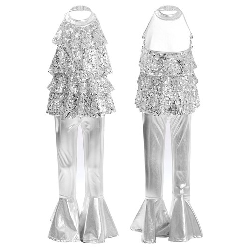 Kids Girls Leotard And Pants Sequin Bodysuit Latin Unitard Metallic Ruffled Hem - Bild 26 von 36