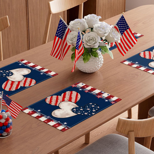 Heart Stripe Stars 4Th of July Placemats Set of 4 12X18 Inch Patriotic America M - Picture 4 of 12