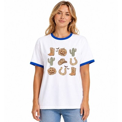 Halloween Rodeo Damen Ringer T-Shirt Cowboystiefel Kürbis Geschenk für Sie