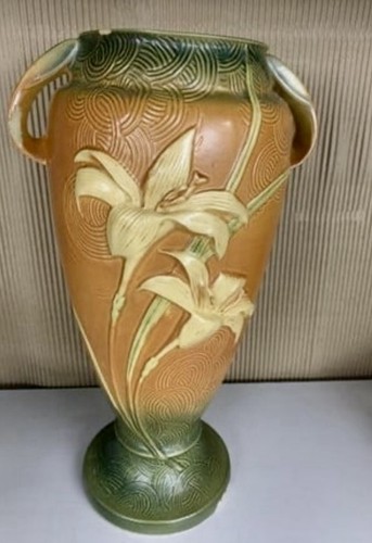Vintage Roseville Zephyr Lily Brown Art Pottery Ceramic Vase 141-15 * READ DESCR