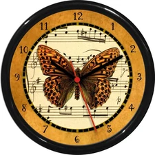 Orange Black Butterfly Wall Clock on Vintage Sheet Music 0825