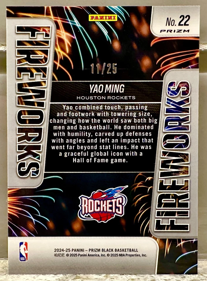 CAMISETA # PARTIDO! 2024 Panini Prizm Black Fireworks Yao Ming Mojo 11/25! HOU (1/1) Foto 2 de 3