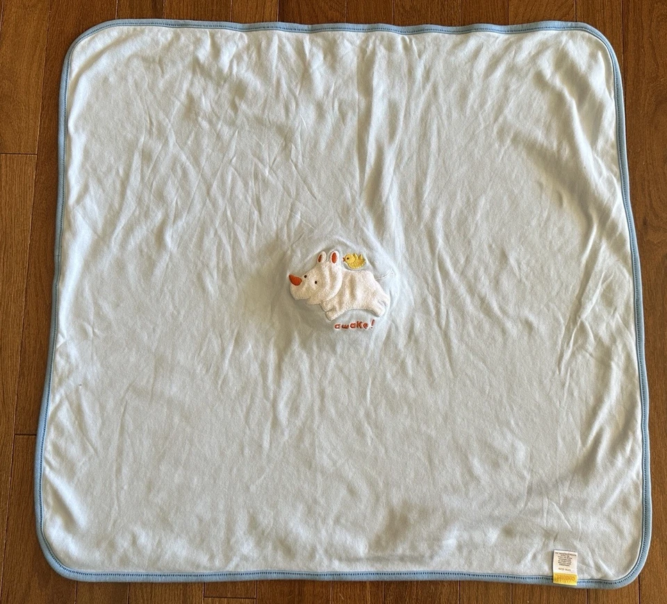 Gymboree 2004 蓝色婴儿毯犀牛“睡眠/觉醒”双面 25x27” — 第 4/4 张图片