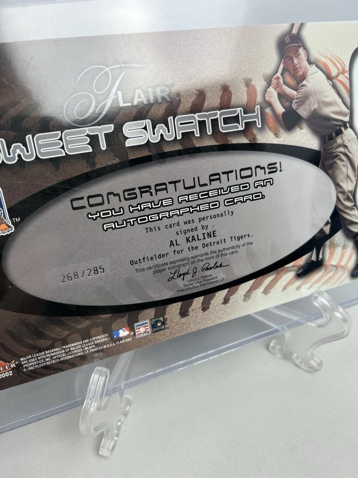Tarjeta de bate firmada Fleer Flair Sweet Swatch 2002 Detroit Tigers Al Kaline 268/285 Foto 4 de 4