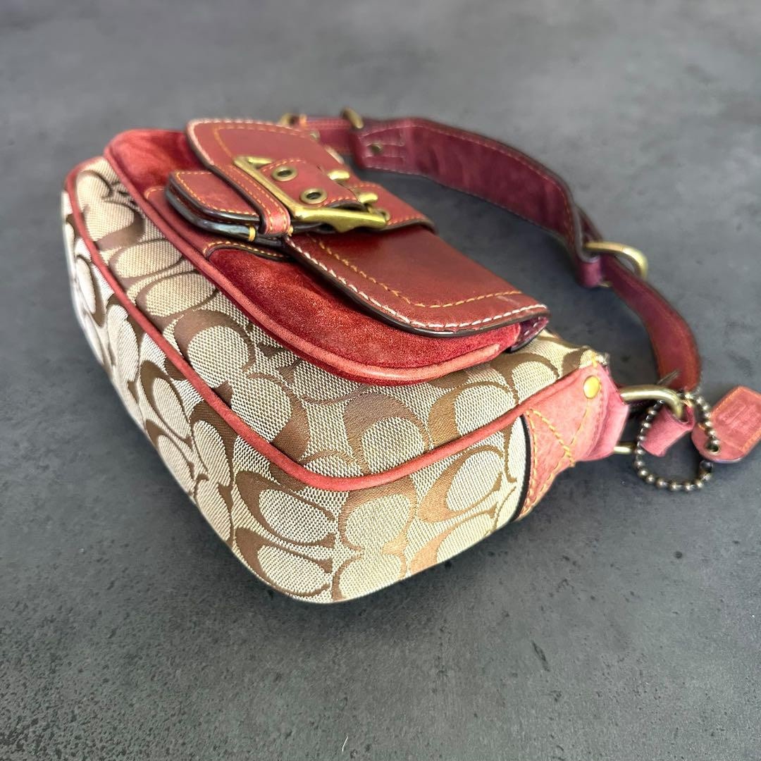 COACH Signature Soho Flap Shoulder Bag Handbag Beige x Red