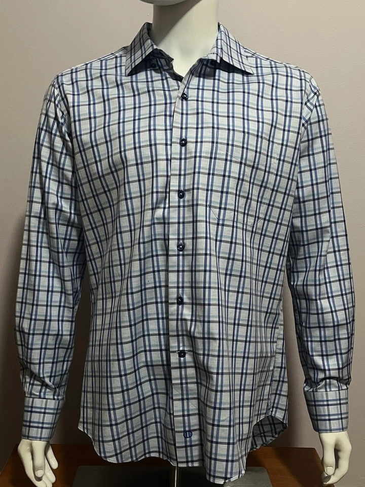 Camisa de vestir David Donahue para hombre grande con botones manga larga azul a cuadros Foto 3 de 4