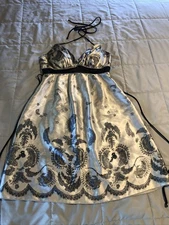 Windsor Satin Babydoll Dress See Photos For Size S XS M? Silver Gray Navy Trim