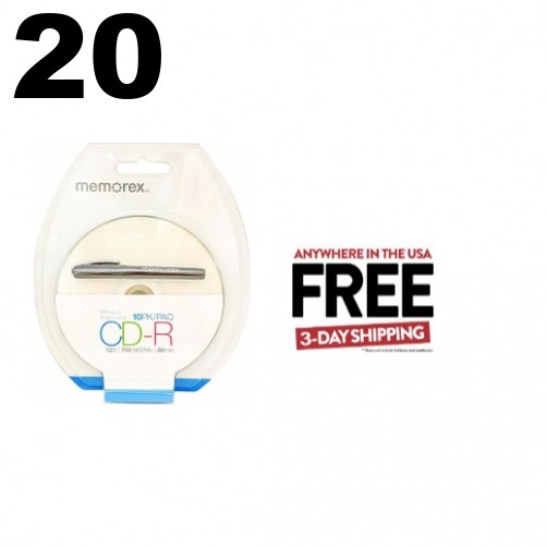20 Memorex 52X CD-R 80min 700MB White Inkjet Hub **1-3 DAYS