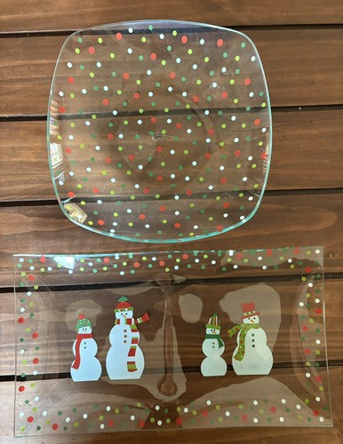 VTG Pampered Chef Snowmen Rectangle Platter & Bowl Polka Dots Set Please Read - Picture 1 of 14
