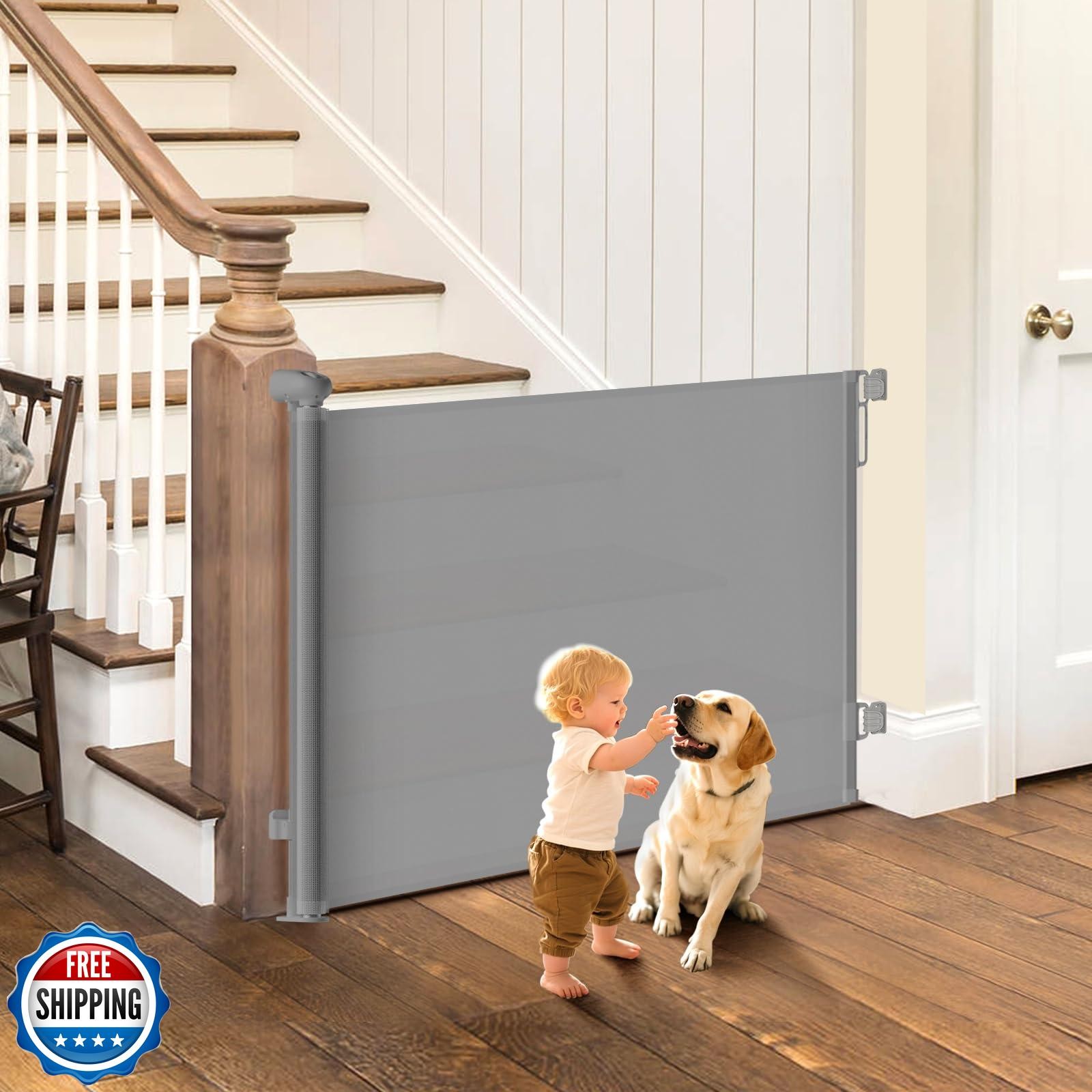 Puerta retráctil para bebé para escaleras, puerta de malla ancha para perros de 55", segura, resistente, fácil